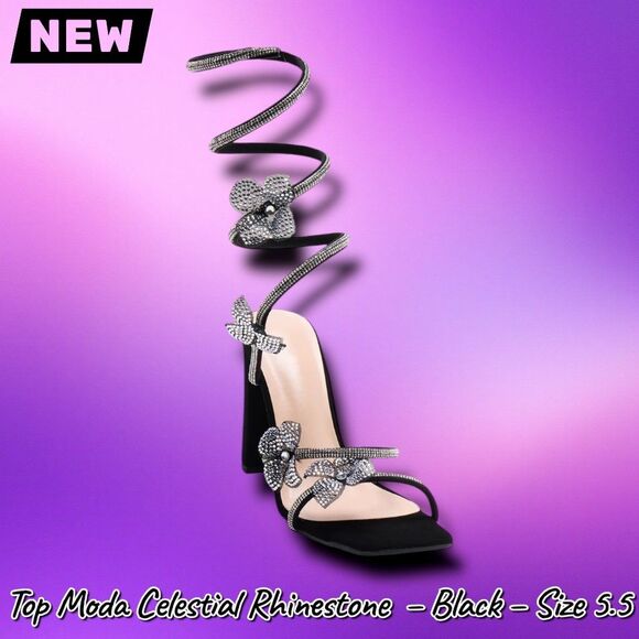 New in Box Top Moda Celestial Rhinestone Flower Wrap-Up Heels – Black – Size 5.5 - Picture 6 of 7